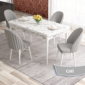 Elf Serisi 80x132 Açılabilir Beyaz Mermer Desen Masa Takımı Ve 4 Gri Sandalye Gri