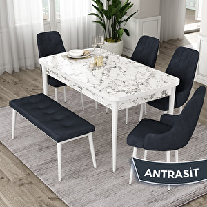 Eta Serisi 80x132 Açılabilir Mdf Beyaz Mermer Desen Masa Takımı 4 Antrasit Sandalye Ve 1 Bench Antrasit