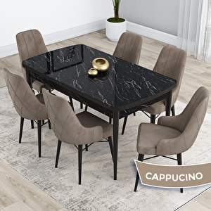Kar Serisi 80x132 Açılabilir Mdf Siyah Mermer Desen Masa Takımı Ve 6 Cappucino Sandalye Cappucino