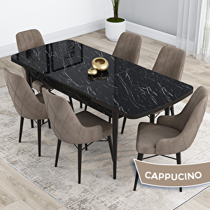 Kar Serisi 80x132 Açılabilir Mdf Siyah Mermer Desen Masa Takımı Ve 6 Cappucino Sandalye Cappucino