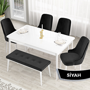 Lav Serisi 80x132 Beyaz Mutfak Masa Takımı Gold Halkalı 4 Siyah Sandalye Ve 1 Bench Siyah
