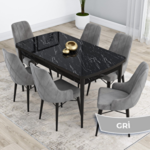 Kar Serisi 80x132 Açılabilir Mdf Siyah Mermer Desen Masa Takımı Ve 6 Gri Sandalye Gri