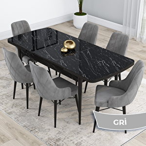 Kar Serisi 80x132 Açılabilir Mdf Siyah Mermer Desen Masa Takımı Ve 6 Gri Sandalye Gri