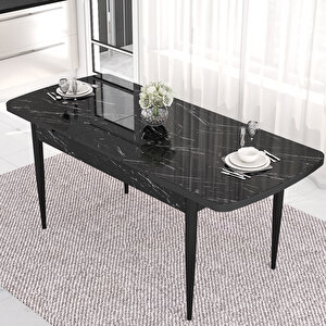Kar Serisi 80x132 Açılabilir Mdf Siyah Mermer Desen Masa Takımı Ve 6 Gri Sandalye