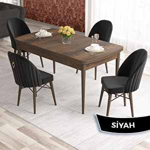 Elf Serisi 80x132 Açılabilir Barok Ahşap Desen Masa Takımı Ve 4 Siyah Sandalye Siyah