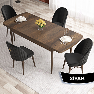 Elf Serisi 80x132 Açılabilir Barok Ahşap Desen Masa Takımı Ve 4 Siyah Sandalye Siyah