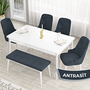 Lav Serisi 80x132 Beyaz Mutfak Masa Takımı Gold Halkalı 4 Antrasit Sandalye Ve 1 Bench Antrasit