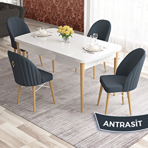 Elf Serisi 80x132 Açılabilir Beyaz Doğal Ahşap Ayak Masa Takımı Ve 4 Antrasit Sandalye Antrasit
