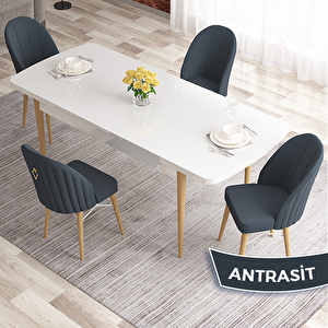 Elf Serisi 80x132 Açılabilir Beyaz Doğal Ahşap Ayak Masa Takımı Ve 4 Antrasit Sandalye Antrasit