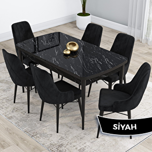 Kar Serisi 80x132 Açılabilir Mdf Siyah Mermer Desen Masa Takımı Ve 6 Siyah Sandalye Siyah