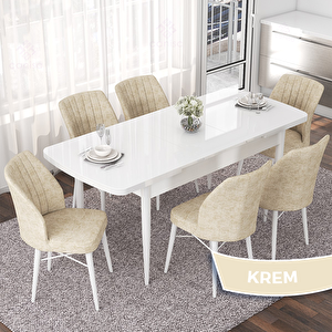 Nef Serisi 70x114 Açılabilir Mdf Beyaz Masa Takımı Ve 6 Krem Sandalye Krem