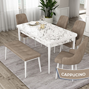 Eta Serisi 80x132 Açılabilir Mdf Beyaz Mermer Desen Masa Takımı 4 Cappucino Sandalye Ve 1 Bench Cappucino