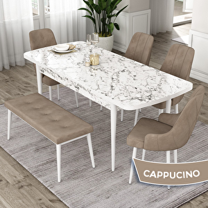 Eta Serisi 80x132 Açılabilir Mdf Beyaz Mermer Desen Masa Takımı 4 Cappucino Sandalye Ve 1 Bench Cappucino