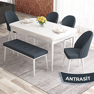 Elf Serisi 80x132 Açılabilir Beyaz Masa Takımı 4 Antrasit Sandalye Ve 1 Bench Antrasit