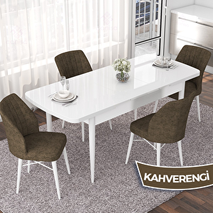Nef Serisi 70x114 Açılabilir Mdf Beyaz Masa Takımı Ve 4 Kahverengi Sandalye Kahverengi