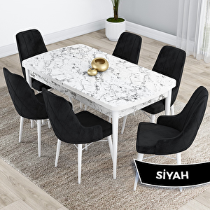 Kar Serisi 80x132 Açılabilir Mdf Beyaz Mermer Desen Masa Takımı Ve 6 Siyah Sandalye Siyah