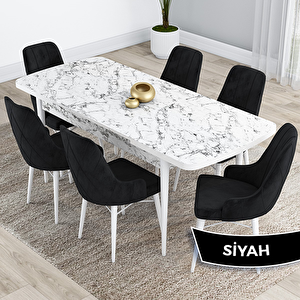 Kar Serisi 80x132 Açılabilir Mdf Beyaz Mermer Desen Masa Takımı Ve 6 Siyah Sandalye Siyah