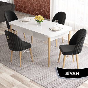 Elf Serisi 80x132 Açılabilir Beyaz Doğal Ahşap Ayak Masa Takımı Ve 4 Siyah Sandalye Siyah