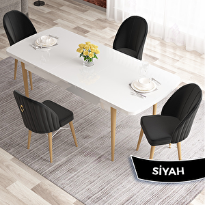 Elf Serisi 80x132 Açılabilir Beyaz Doğal Ahşap Ayak Masa Takımı Ve 4 Siyah Sandalye Siyah