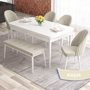 Elf Serisi 80x132 Açılabilir Beyaz Masa Takımı 4 Krem Sandalye Ve 1 Bench Krem
