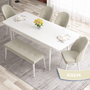 Elf Serisi 80x132 Açılabilir Beyaz Masa Takımı 4 Krem Sandalye Ve 1 Bench Krem