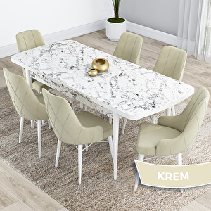 Kar Serisi 80x132 Açılabilir Mdf Beyaz Mermer Desen Masa Takımı Ve 6 Krem Sandalye Krem