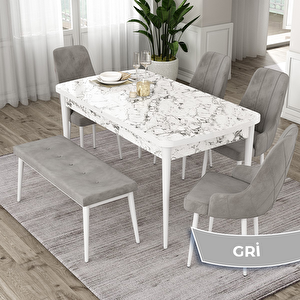Eta Serisi 80x132 Açılabilir Mdf Beyaz Mermer Desen Masa Takımı 4 Gri Sandalye Ve 1 Bench Gri