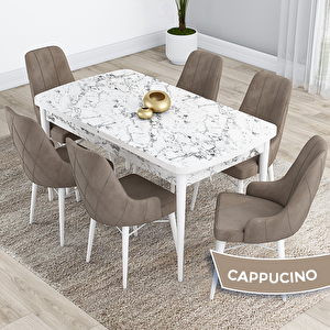 Kar Serisi 80x132 Açılabilir Mdf Beyaz Mermer Desen Masa Takımı Ve 6 Cappucino Sandalye Cappucino