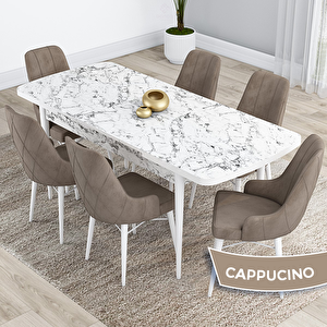 Kar Serisi 80x132 Açılabilir Mdf Beyaz Mermer Desen Masa Takımı Ve 6 Cappucino Sandalye Cappucino