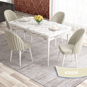 Elf Serisi 80x132 Açılabilir Beyaz Mermer Desen Masa Takımı Ve 4 Krem Sandalye Krem