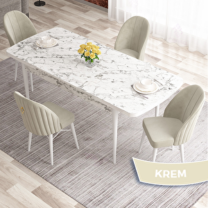 Elf Serisi 80x132 Açılabilir Beyaz Mermer Desen Masa Takımı Ve 4 Krem Sandalye Krem