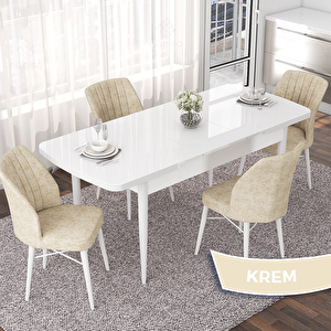 Nef Serisi 70x114 Açılabilir Mdf Beyaz Masa Takımı Ve 4 Krem Sandalye Krem