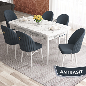 Elf Serisi 80x132 Açılabilir Beyaz Mermer Desen Masa Takımı Ve 6 Antrasit Sandalye Antrasit