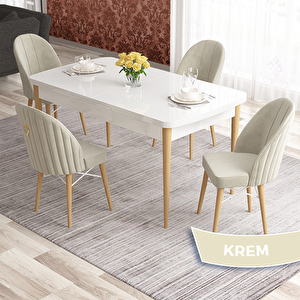 Elf Serisi 80x132 Açılabilir Beyaz Doğal Ahşap Ayak Masa Takımı Ve 4 Krem Sandalye Krem
