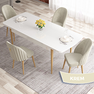 Elf Serisi 80x132 Açılabilir Beyaz Doğal Ahşap Ayak Masa Takımı Ve 4 Krem Sandalye Krem