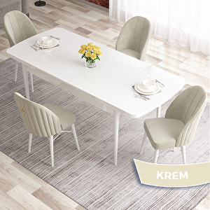 Elf Serisi 80x132 Açılabilir Beyaz Masa Takımı Ve 4 Krem Sandalye Krem
