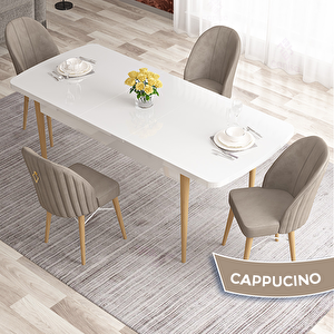 Elf Serisi 80x132 Açılabilir Beyaz Doğal Ahşap Ayak Masa Takımı Ve 4 Cappucino Sandalye Cappucino