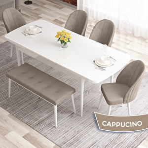 Elf Serisi 80x132 Açılabilir Beyaz Masa Takımı 4 Cappucino Sandalye Ve 1 Bench Cappucino
