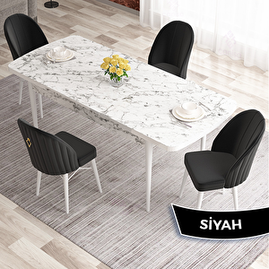 Elf Serisi 80x132 Açılabilir Beyaz Mermer Desen Masa Takımı Ve 4 Siyah Sandalye Siyah