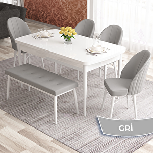 Elf Serisi 80x132 Açılabilir Beyaz Masa Takımı 4 Gri Sandalye Ve 1 Bench Gri