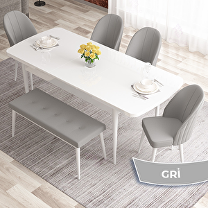 Elf Serisi 80x132 Açılabilir Beyaz Masa Takımı 4 Gri Sandalye Ve 1 Bench Gri