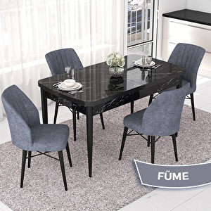 Nef Serisi 70x114 Açılabilir Mdf Siyah Mermer Desen Masa Takımı Ve 4 Füme Sandalye Füme