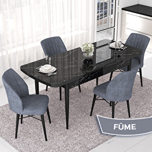 Nef Serisi 70x114 Açılabilir Mdf Siyah Mermer Desen Masa Takımı Ve 4 Füme Sandalye Füme