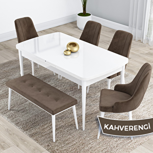 Kar Serisi 80x132 Açılabilir Mdf Beyaz Masa Takımı 4 Kahverengi Sandalye Ve 1 Bench Kahverengi