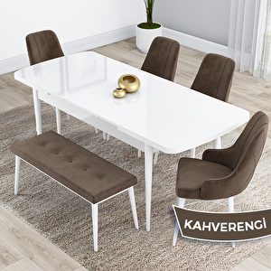 Kar Serisi 80x132 Açılabilir Mdf Beyaz Masa Takımı 4 Kahverengi Sandalye Ve 1 Bench Kahverengi