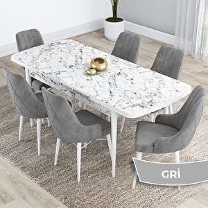 Kar Serisi 80x132 Açılabilir Mdf Beyaz Mermer Desen Masa Takımı Ve 6 Gri Sandalye Gri