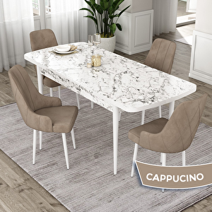Eta Serisi 80x132 Açılabilir Mdf Beyaz Mermer Desen Masa Takımı Ve 4 Cappucino Sandalye Cappucino