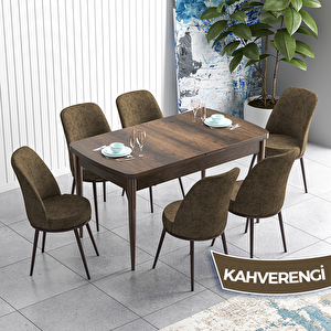 Han Serisi 70x114 Açılabilir Mdf Barok Ahşap Desen Masa Takımı Ve 6 Kahverengi Sandalye Kahverengi