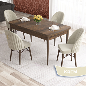 Elf Serisi 80x132 Açılabilir Barok Ahşap Desen Masa Takımı Ve 4 Krem Sandalye Krem