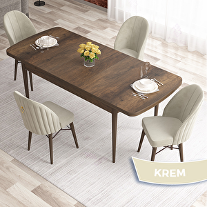 Elf Serisi 80x132 Açılabilir Barok Ahşap Desen Masa Takımı Ve 4 Krem Sandalye Krem